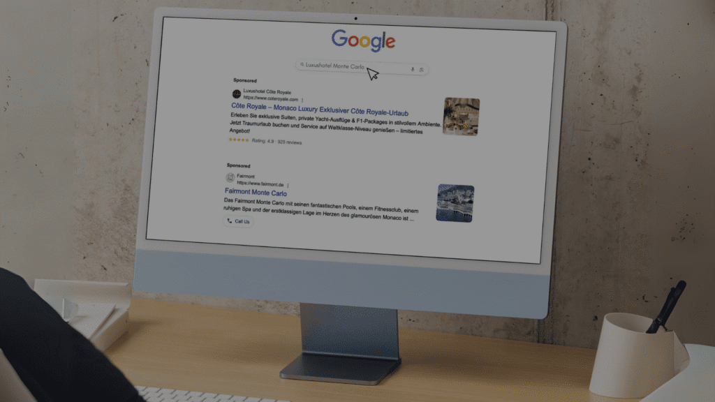 Mockup: iMac mit geöffneter Google-Suche und Ads-Vorschau – Visualisierung einer möglichen Kampagne für das Luxushotel ‚Cote Royale‘.