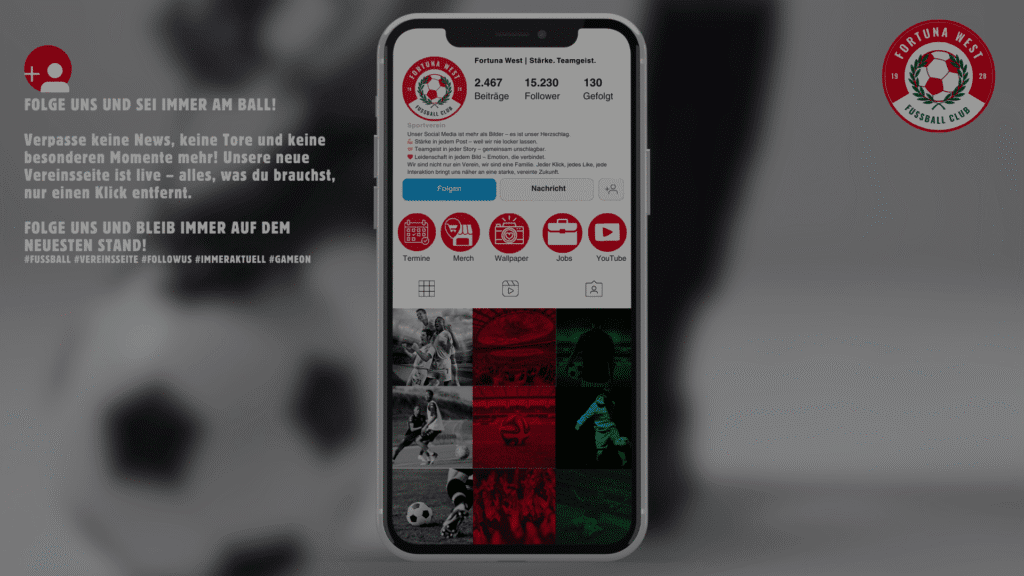 Smartphone zeigt die Instagram-Seite des Fußballvereins ‚Fortuna West‘ – Darstellung und Promotion des Social-Media-Auftritts.
