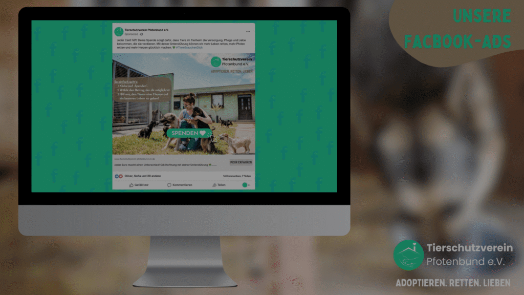 iMac zeigt Facebook-Werbeanzeige des Tierschutzvereins ‚Pfotenbund e.V.‘ – zusätzliches Social-Media-Posting sichtbar.