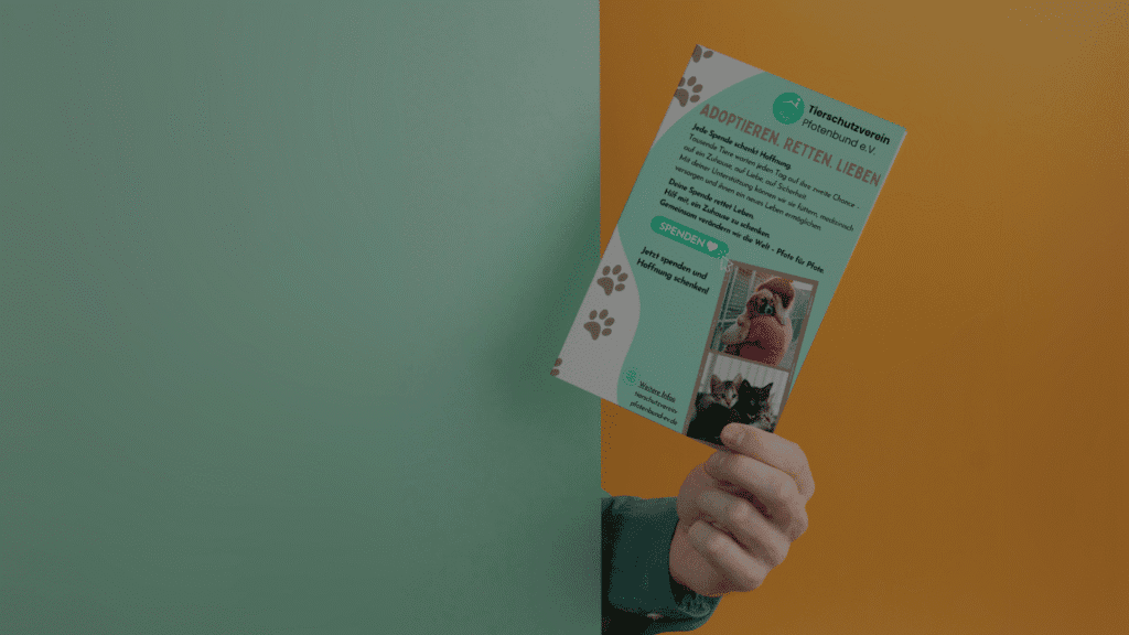 Flyer-Mockup des Tierschutzvereins ‚Pfotenbund e.V.‘ – Aufruf zur Spende für das Tierheim.